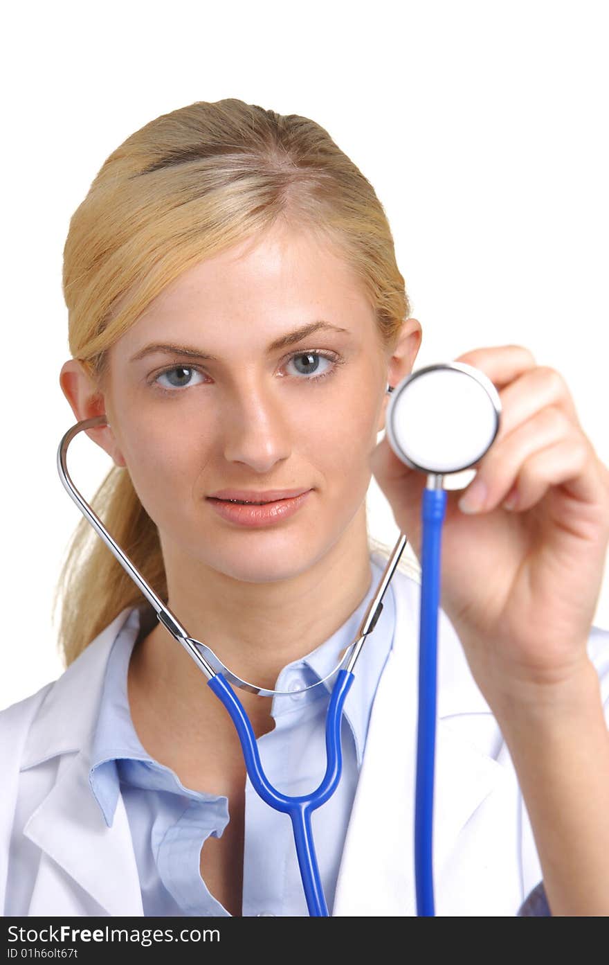 Woman Doctor Holding Stethoscope with focus on face