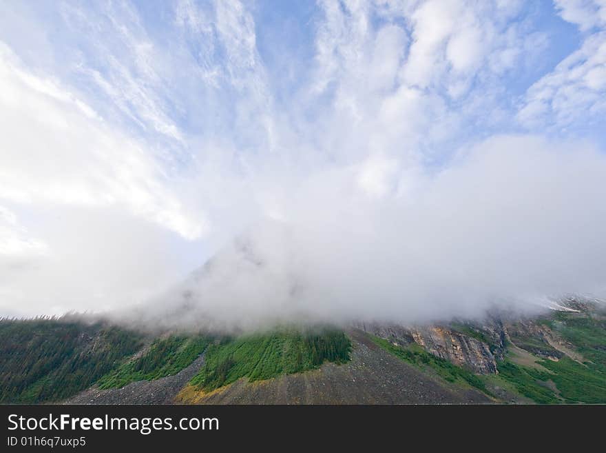 Cloud covered mountain near Lake Louise, Canada