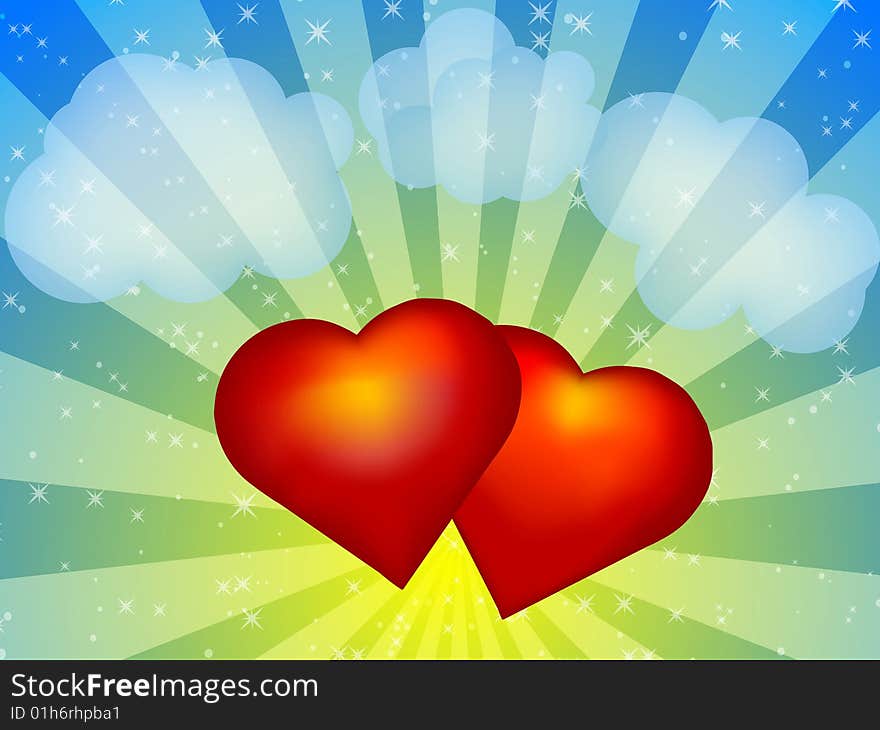 Two red hearts, cloudy sunset background. Two red hearts, cloudy sunset background