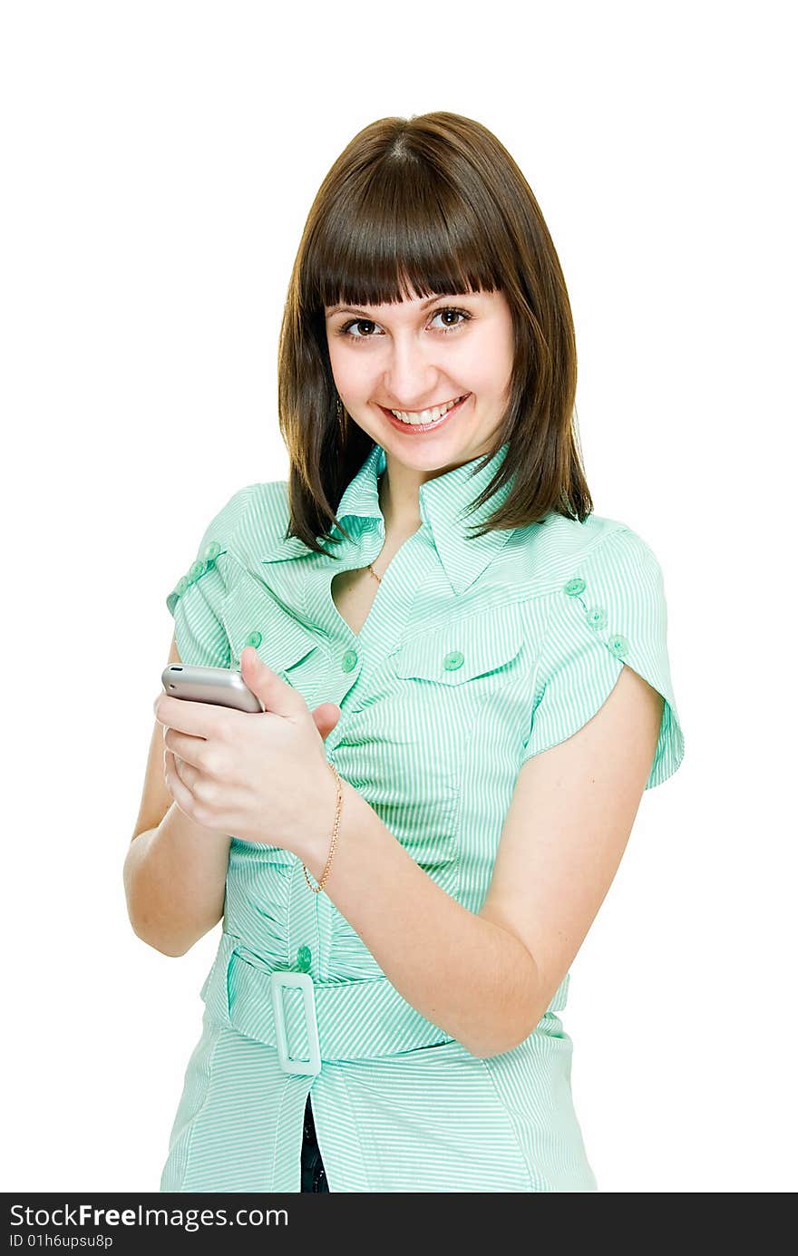 Young pretty girl with phone on white. Young pretty girl with phone on white