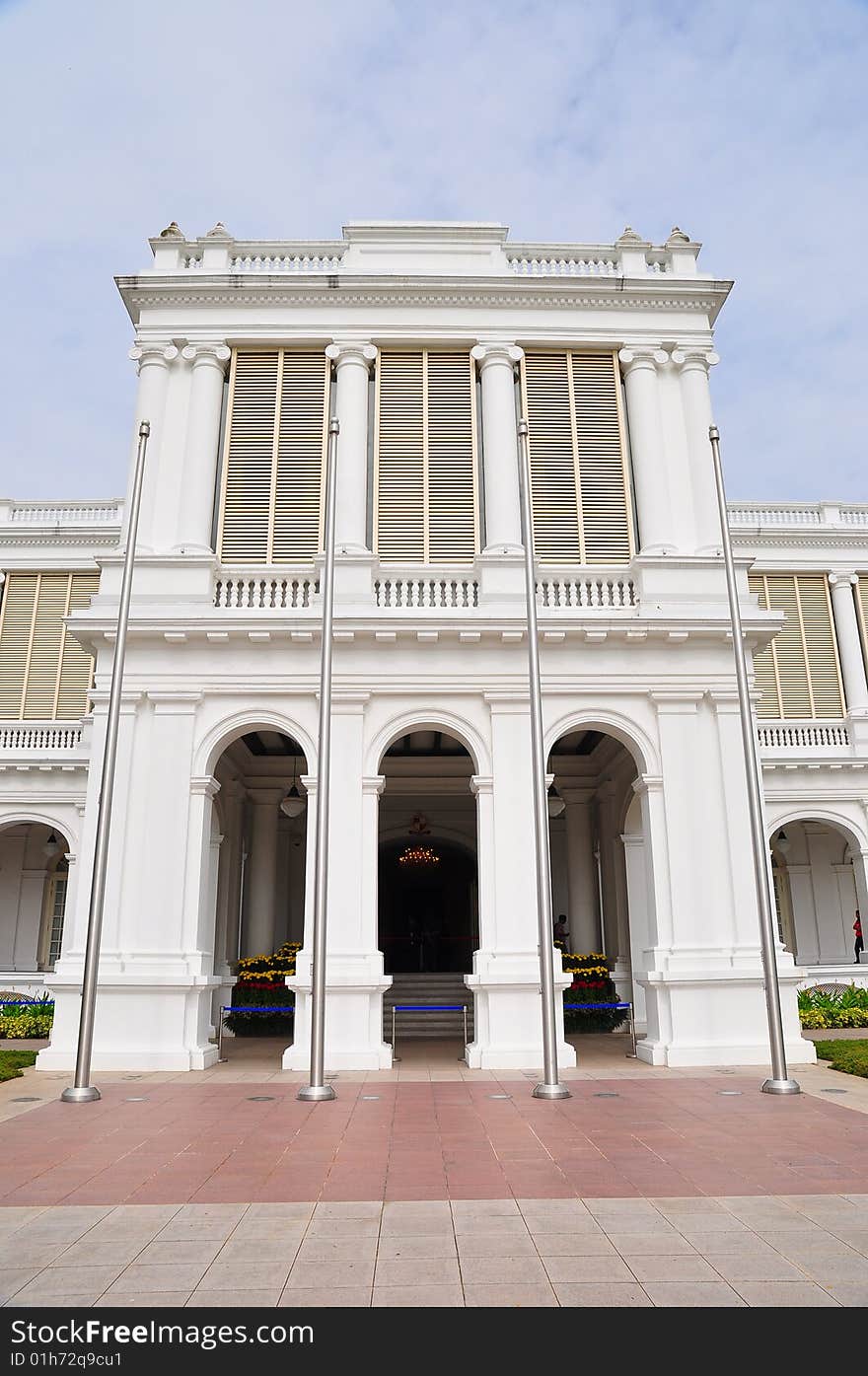 The main facade of the Istana building, official residence of the President of the Republic of Singapore.