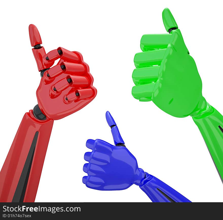 Set of robotic hands with thumb up. Including clipping path.