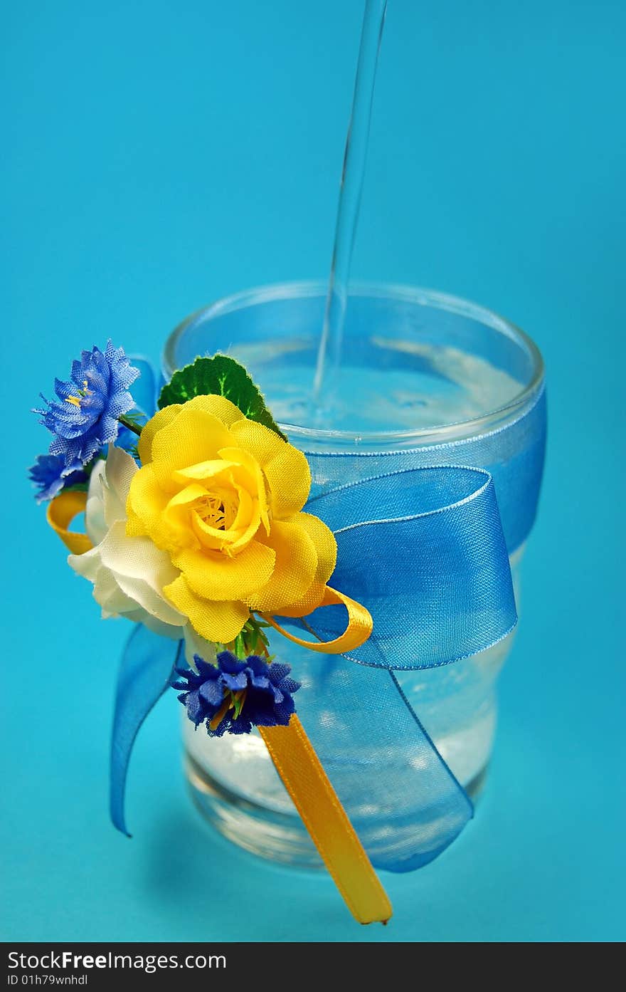 Glasses with flowers isolated on blue