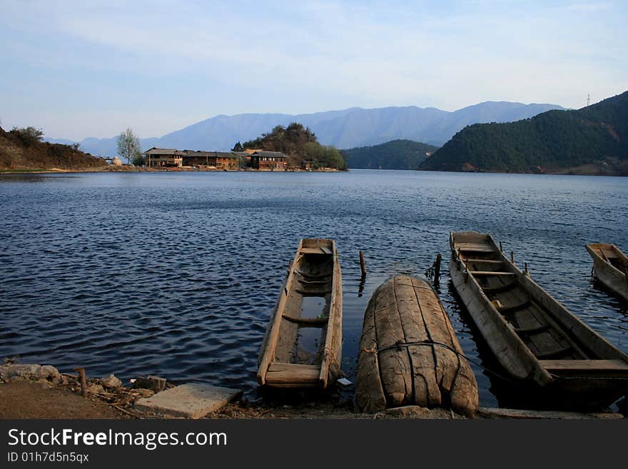 Several boat in lugu lake of lijiang ,which is very quite. Several boat in lugu lake of lijiang ,which is very quite