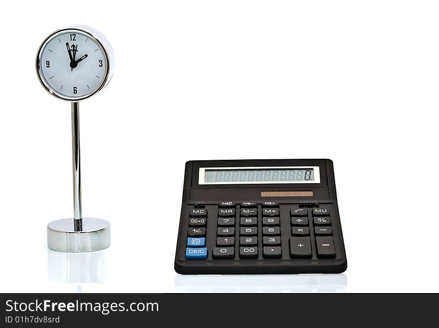 Calculator and clock on a white background