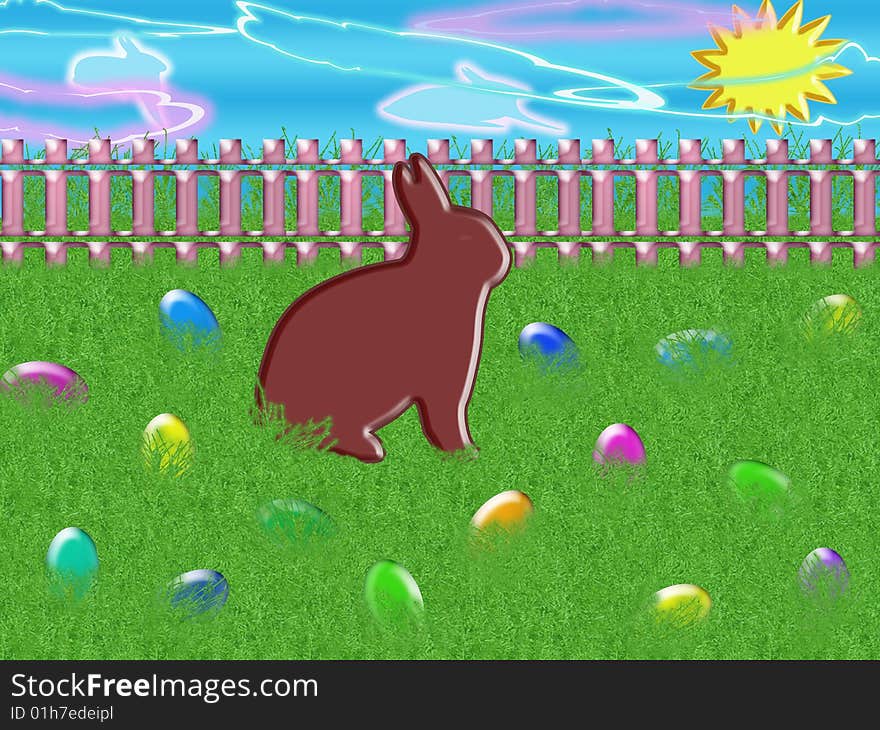 Easter bunny near eggs on green grass