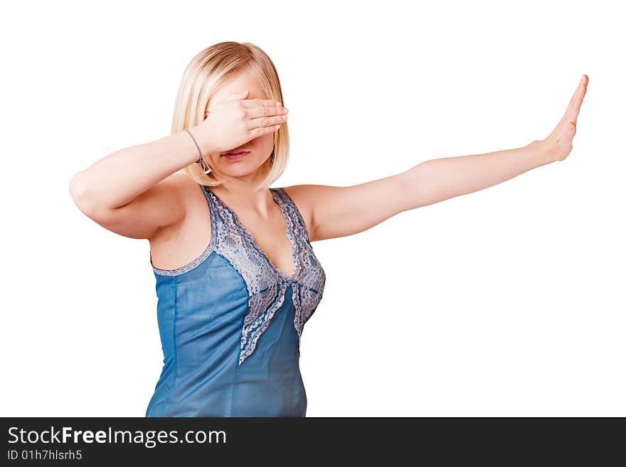 Blonde girl closing her eyes on white background