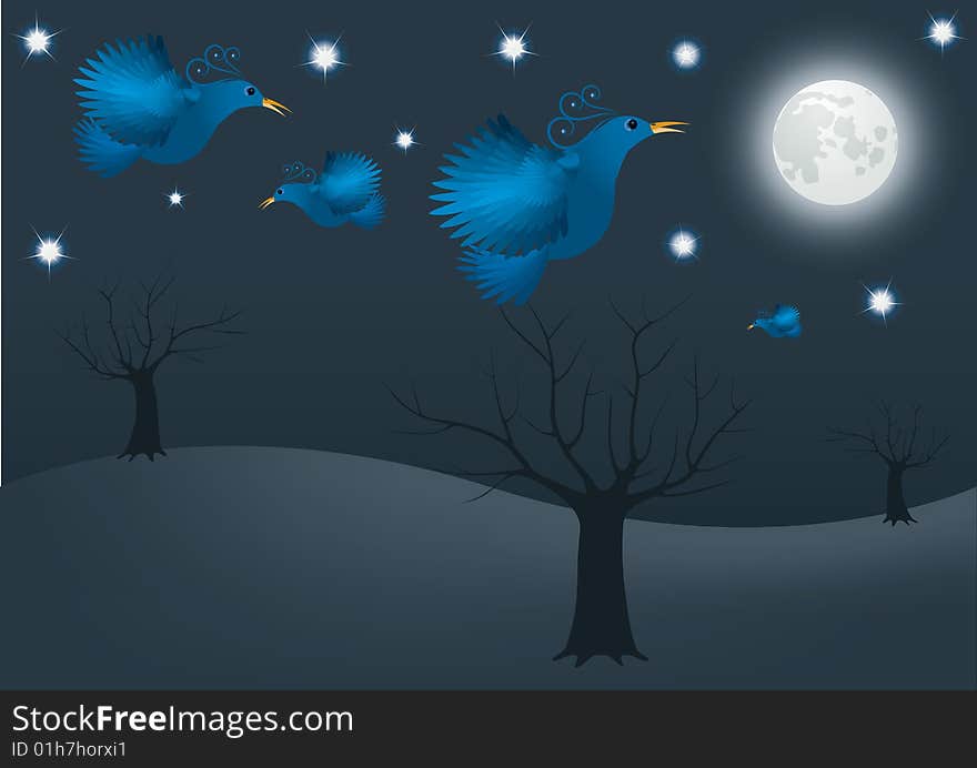 Blue fabulous birds to flying night-time landscape, the scene moonshine. Blue fabulous birds to flying night-time landscape, the scene moonshine