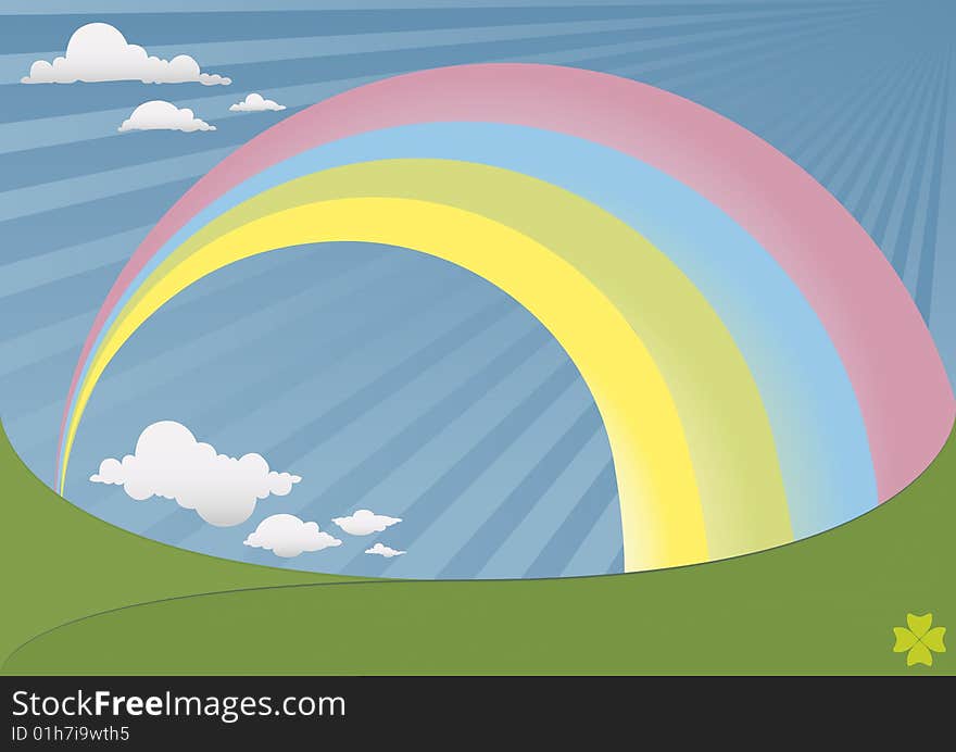 Spring landscape with hills and the sky with rainbow