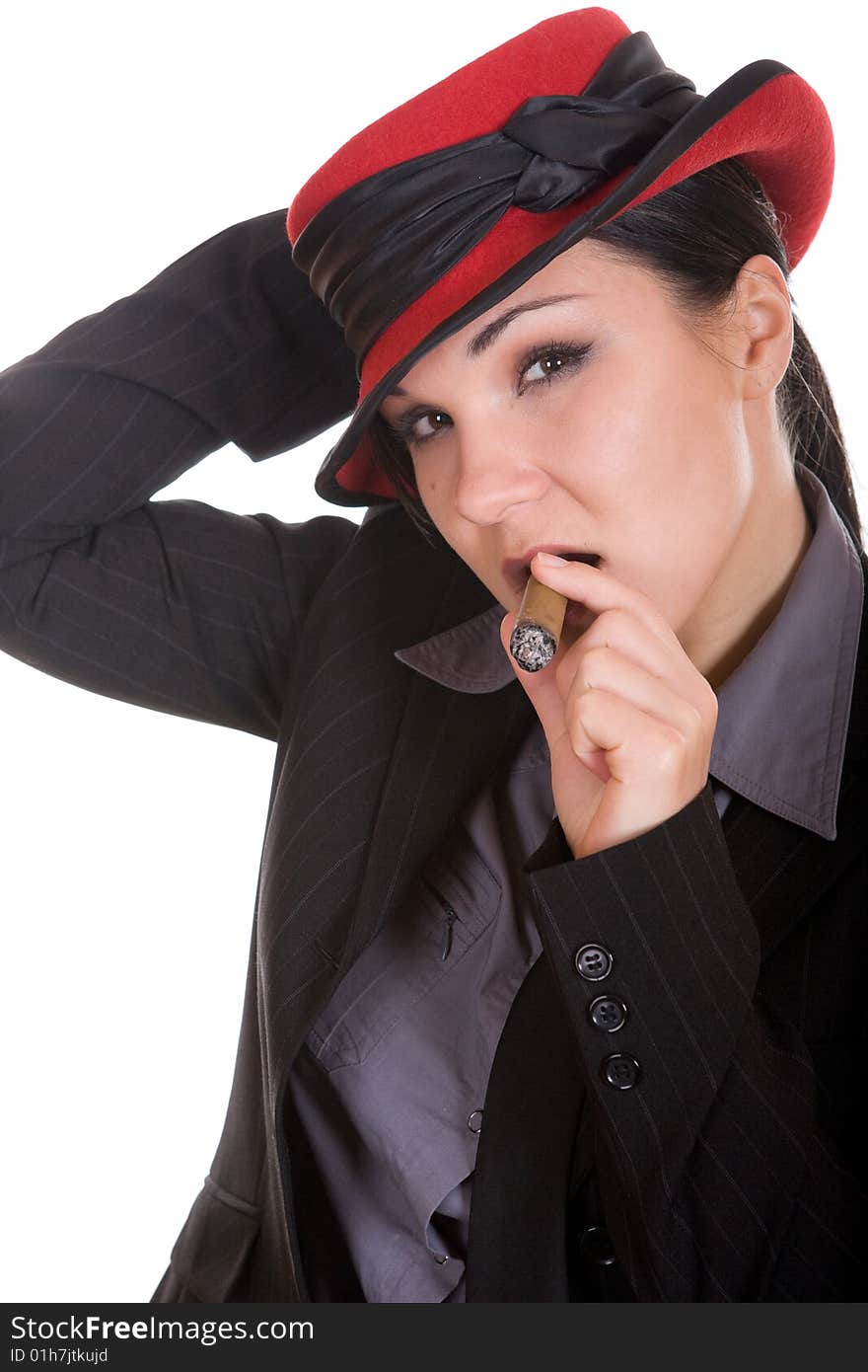 Attractive brunette woman with cigar. over white background