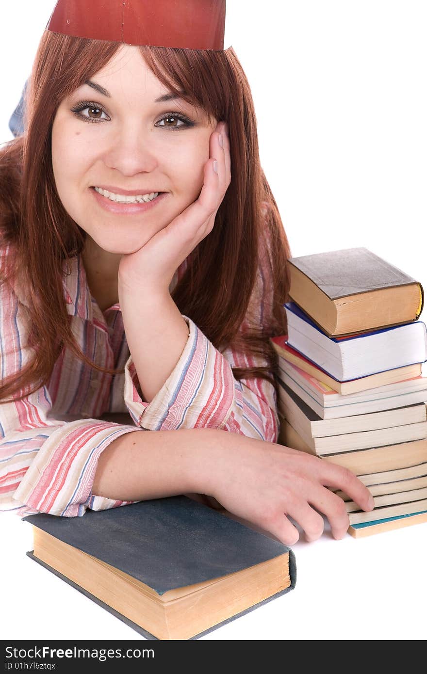 Attractive student with books . over white background