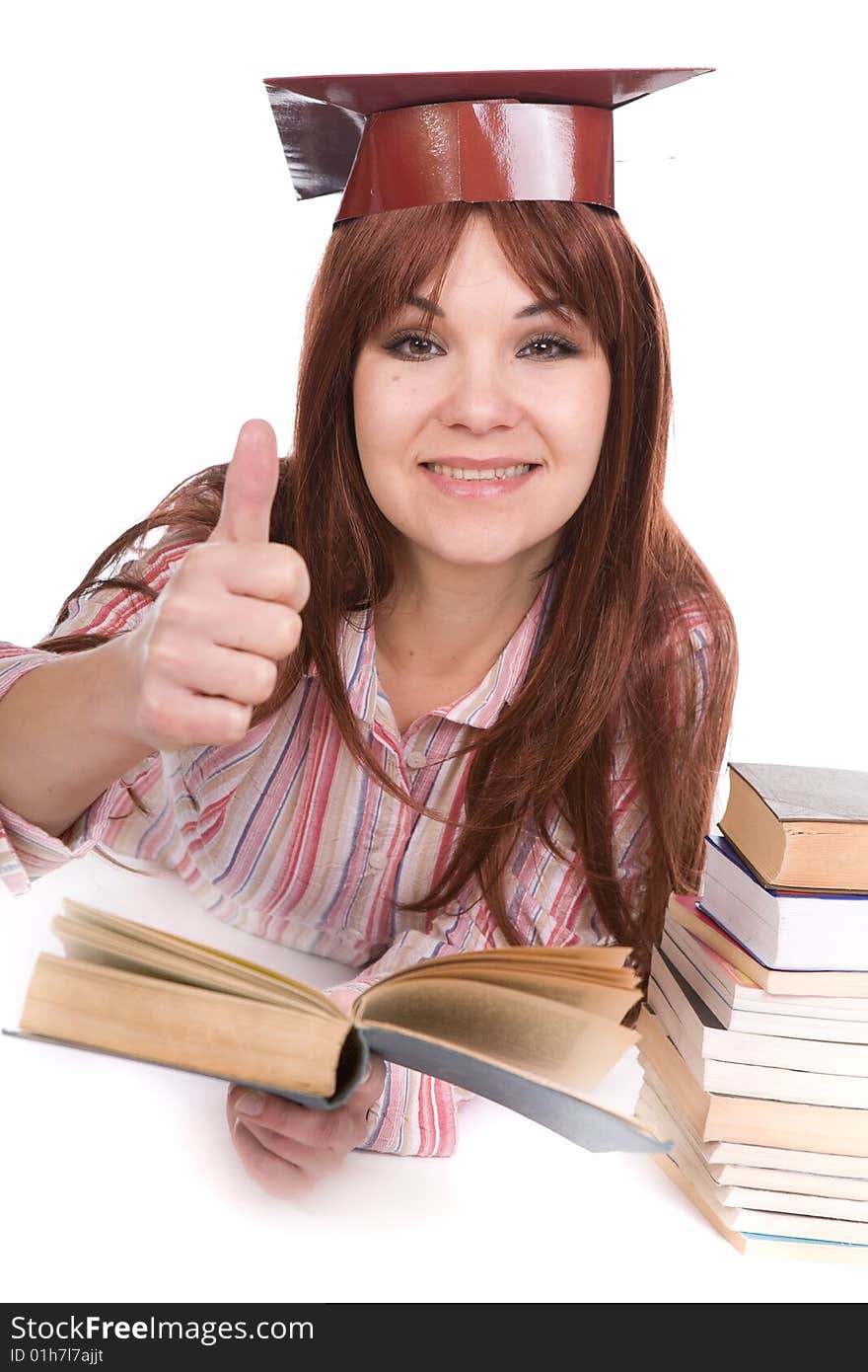 Attractive student with books . over white background