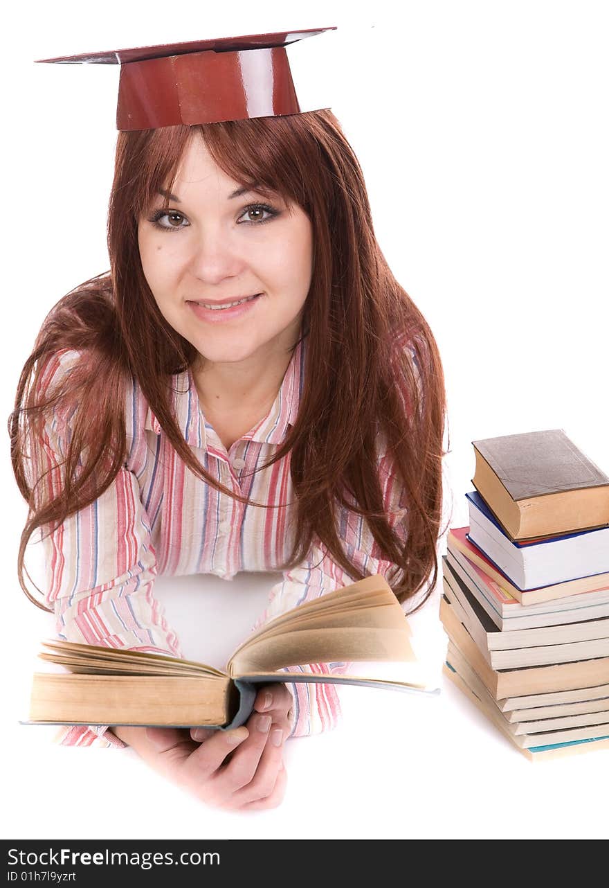 Attractive student with books . over white background