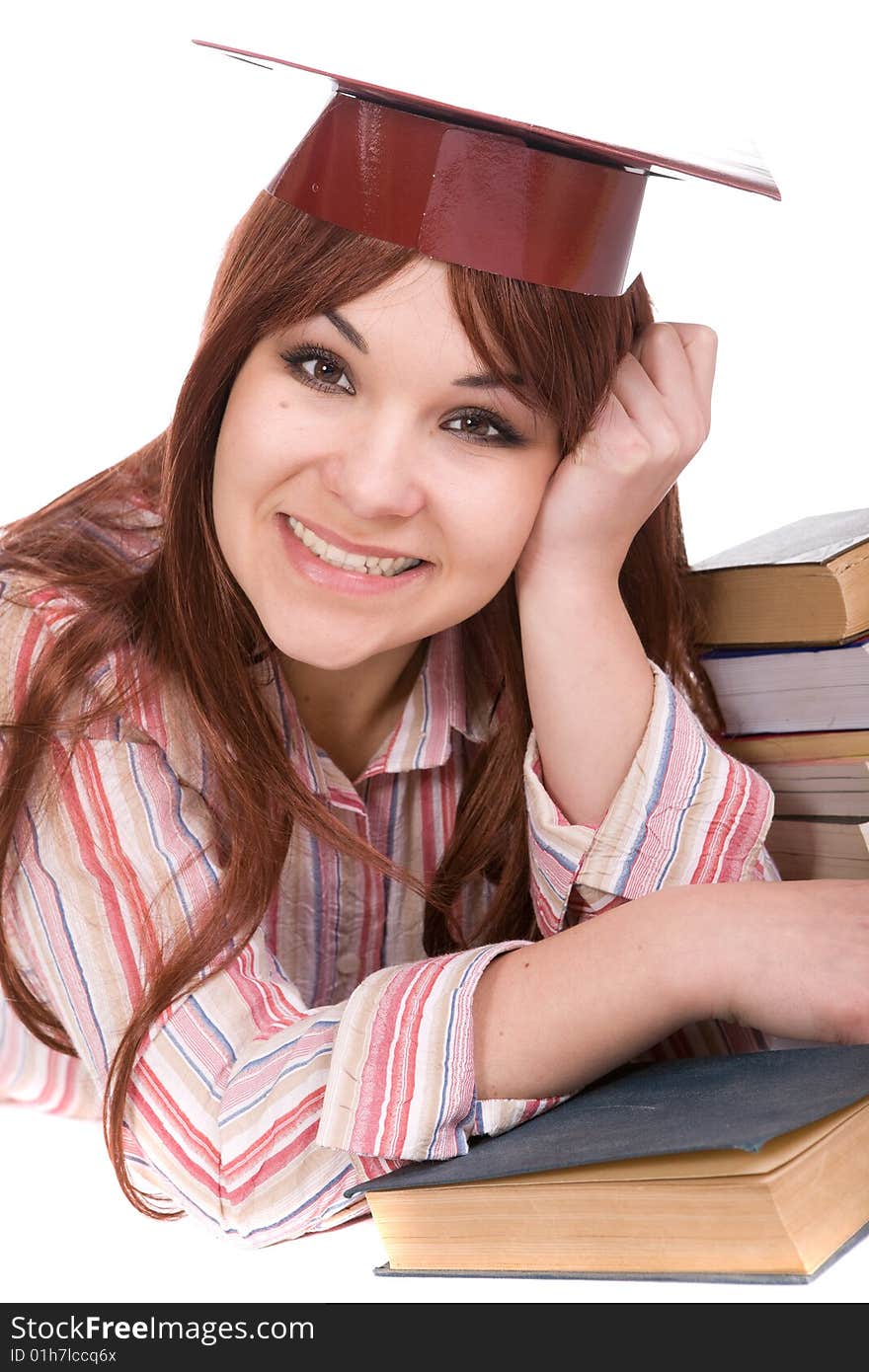 Attractive student with books . over white background