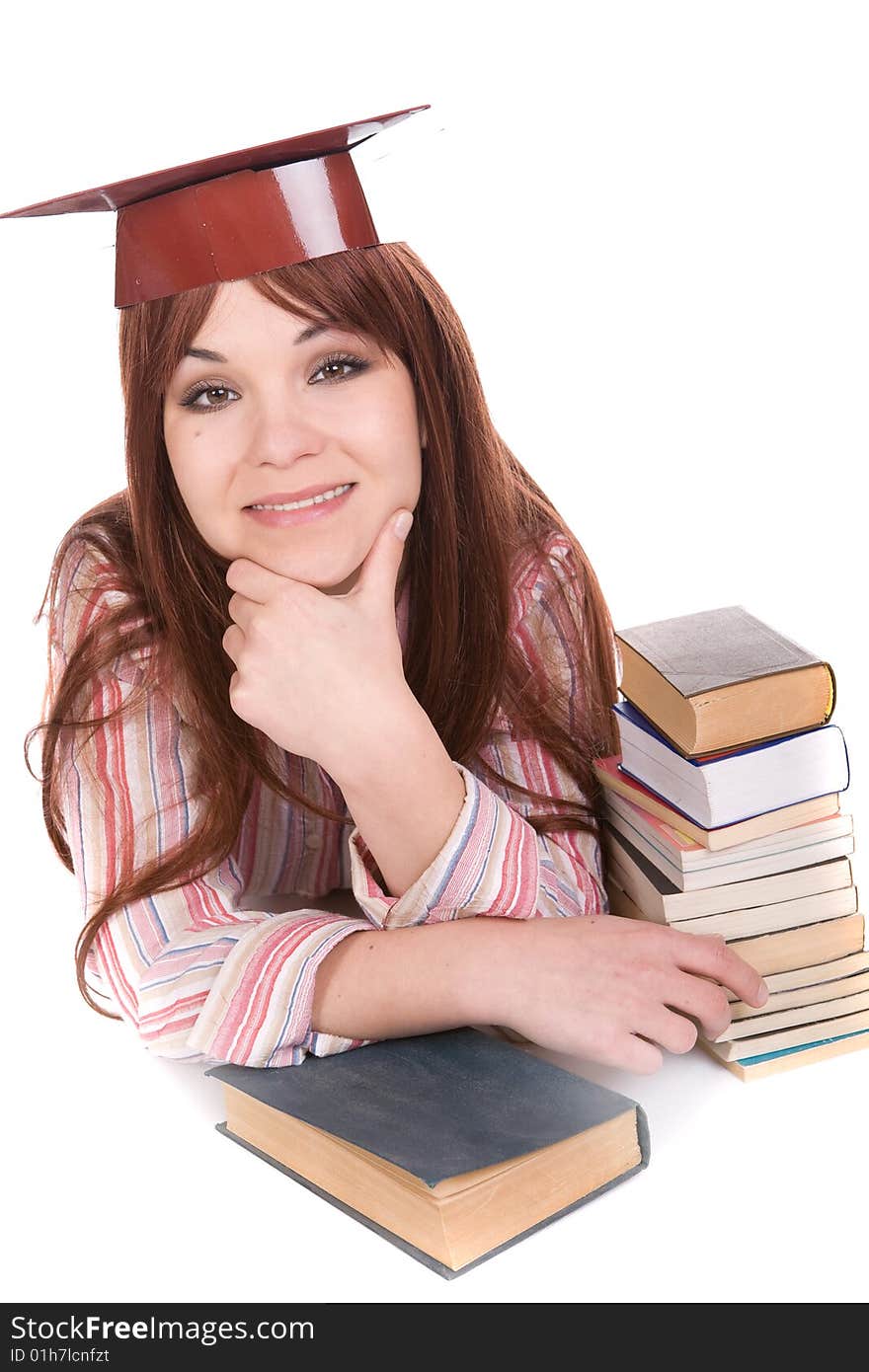 Attractive student with books . over white background