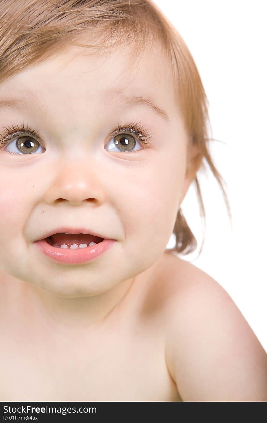 Sweet and happy baby girl. over white background