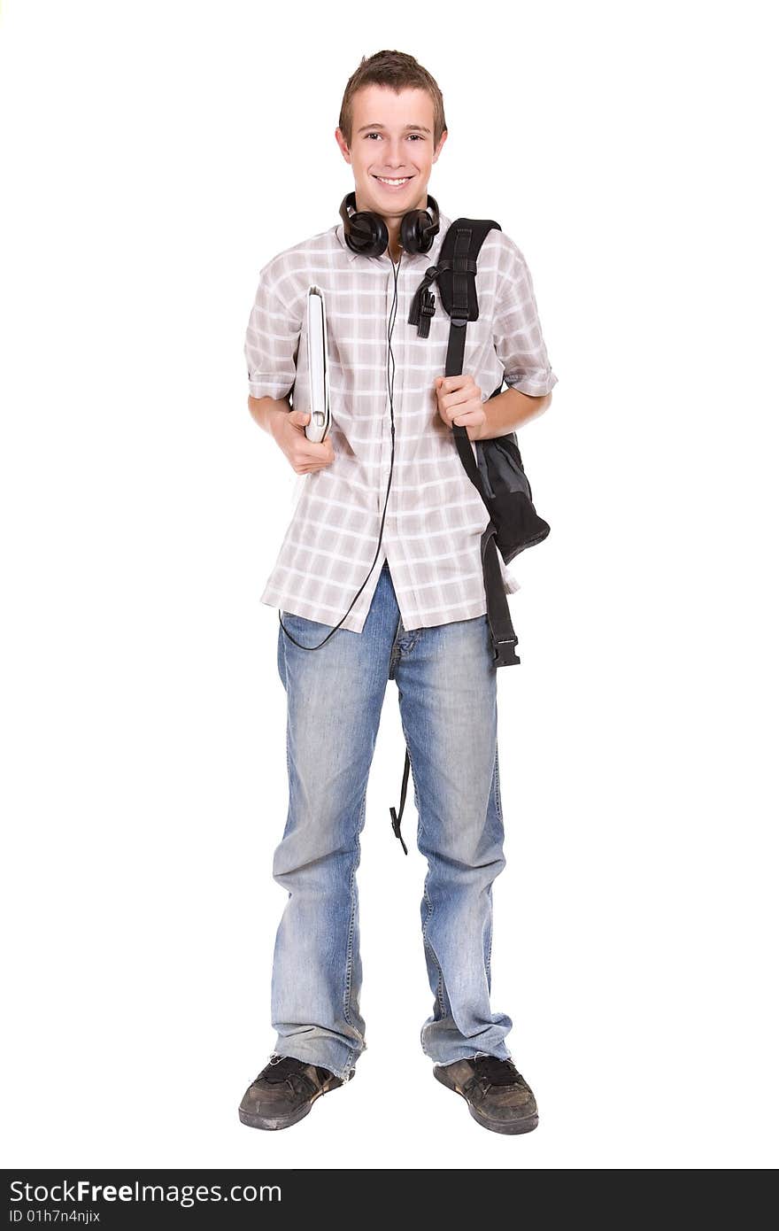 Casual teenager preparing to school standing on white background. Casual teenager preparing to school standing on white background