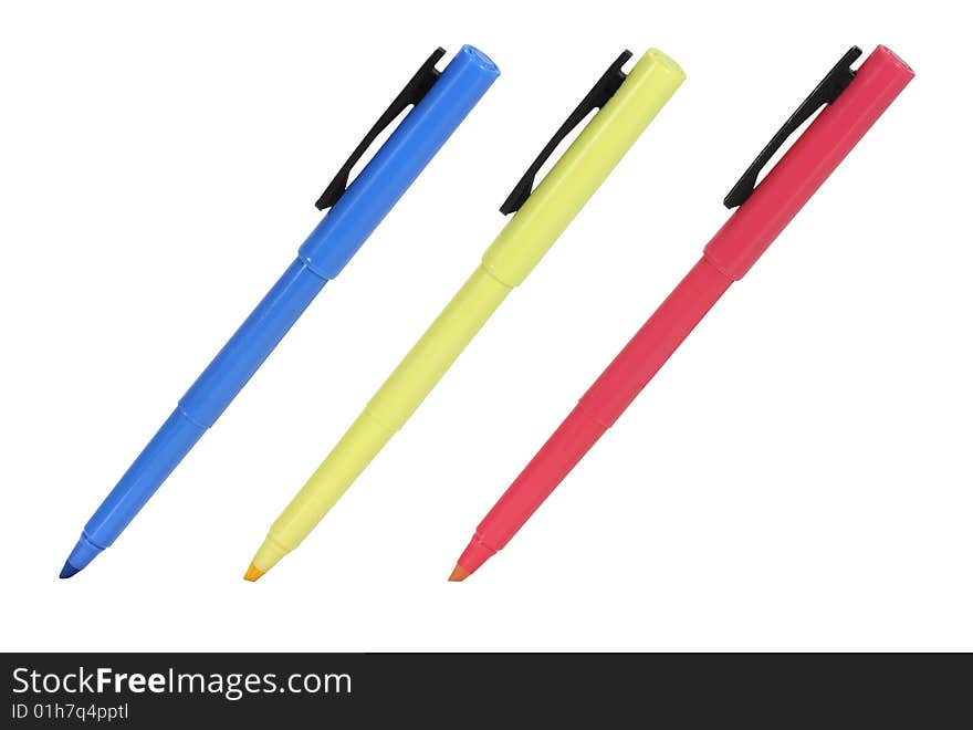 Blue yellow red highlighters isolated on white