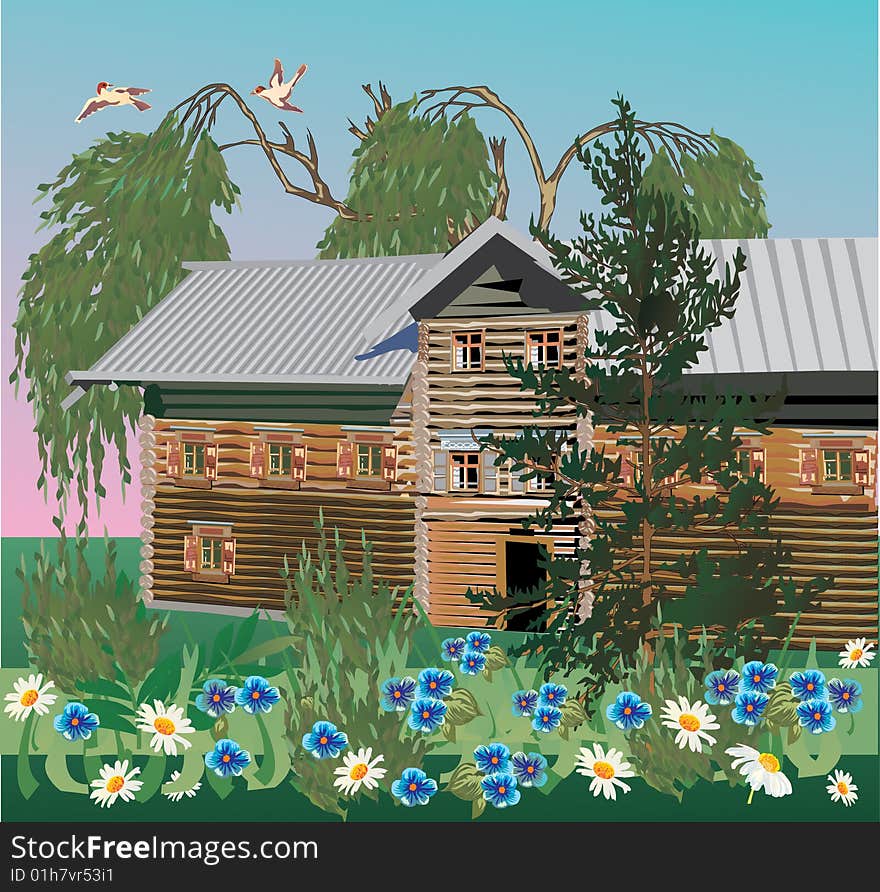 Village house and flowers