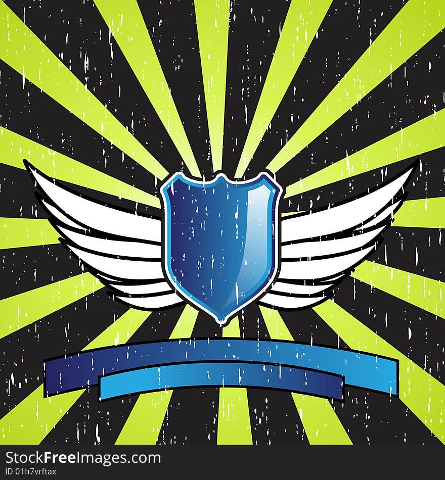 Blue shield design with wings on an interesting background with grunge