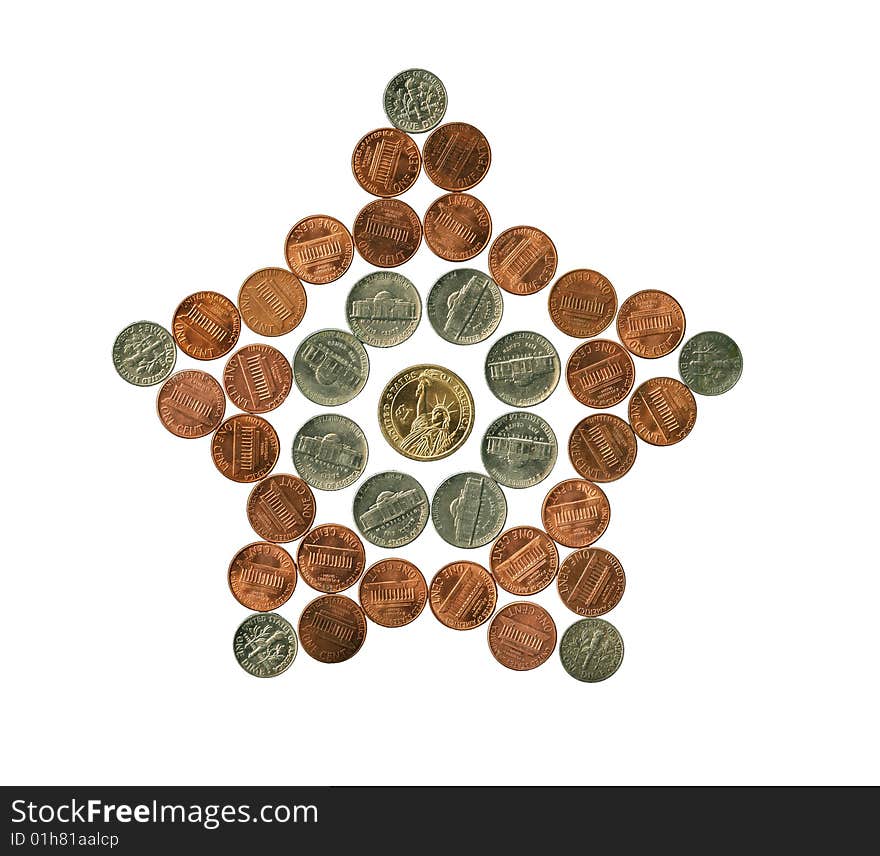 U.S. national star. Figure of nickel coins. U.S. national star. Figure of nickel coins.