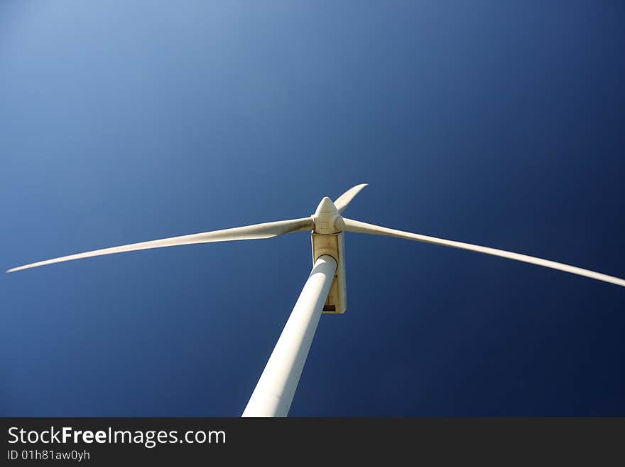 A huge wind turbine from below