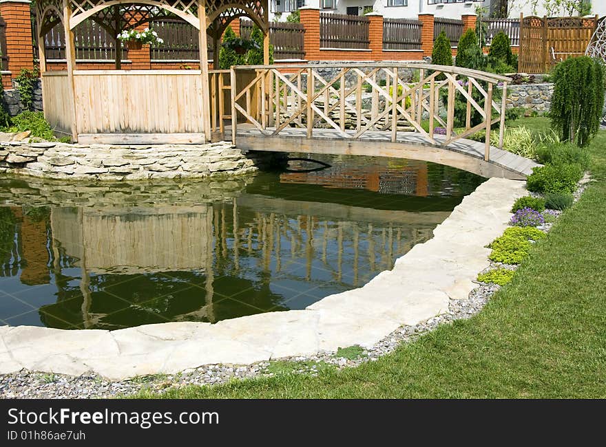 Garden with a lake and waterfall