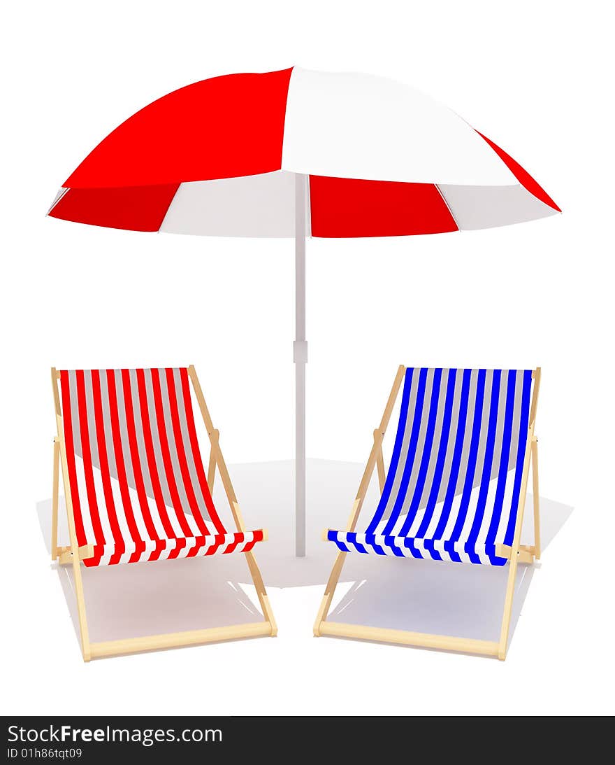 Chaises longue and umbrella on white background