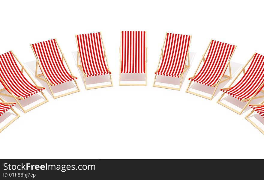 Red chaises longue in semicircle