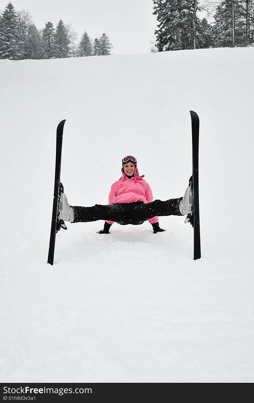 A young girl on the mountain with skis. A young girl on the mountain with skis