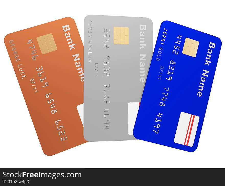 3d three colored plastic credit cards