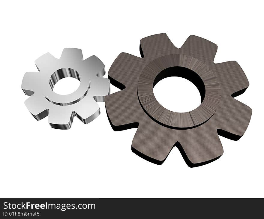 Big and small gears on white