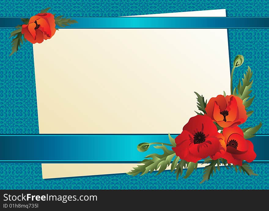 A sheet of paper with ribbons and poppies on a background of blue. Vector illustration. A sheet of paper with ribbons and poppies on a background of blue. Vector illustration.