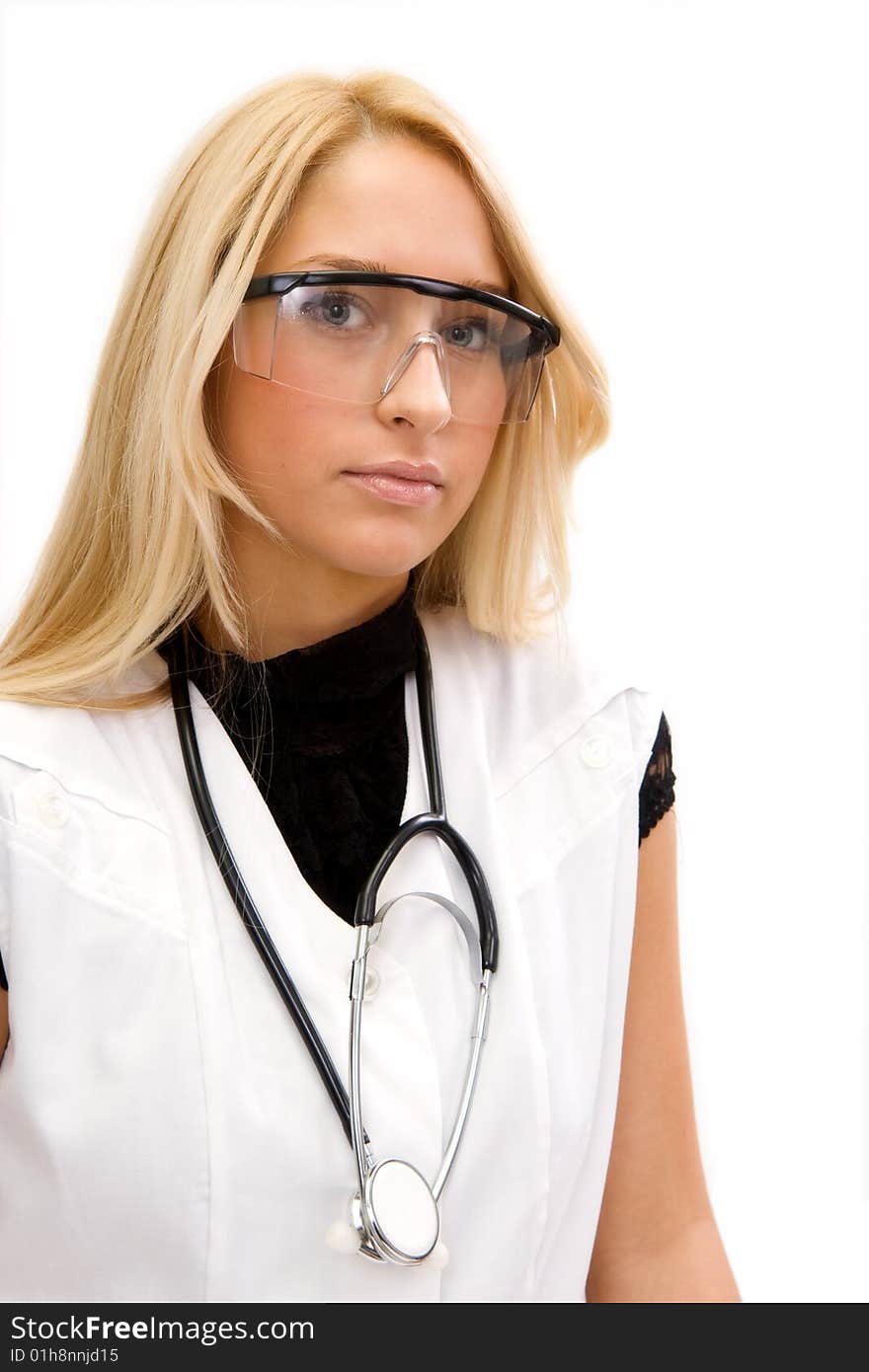 Young blond female doctor portrait. Young blond female doctor portrait