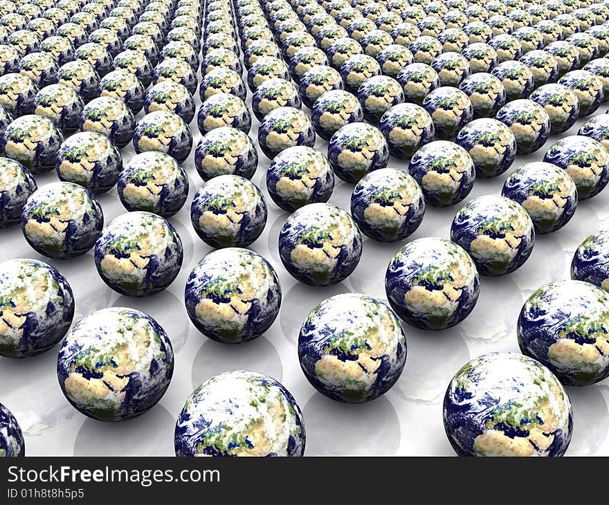 3d render of regularily arranged earth globes. 3d render of regularily arranged earth globes