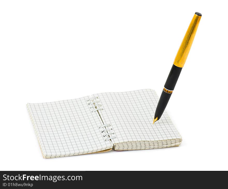 Pen and note pad isolated on white background