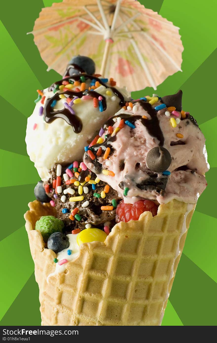 Close up shot of ice cream on green background