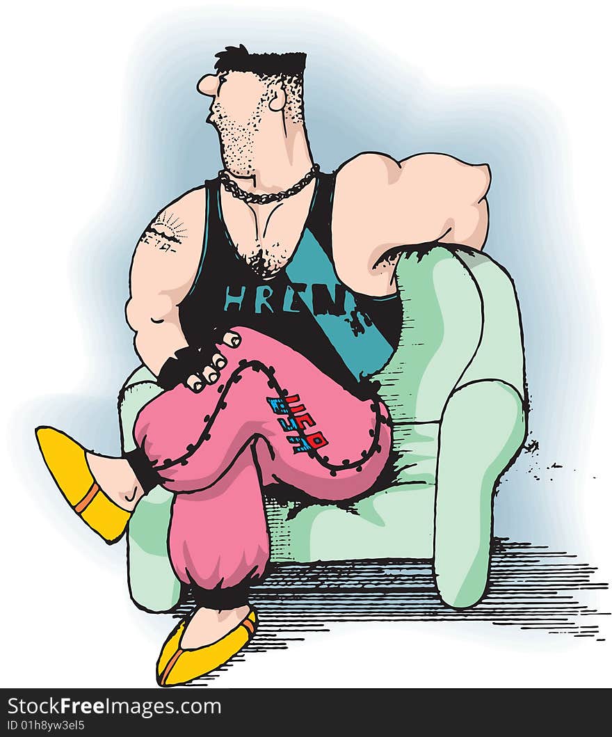 A bodybuilder sitting cross-legged in an armchair