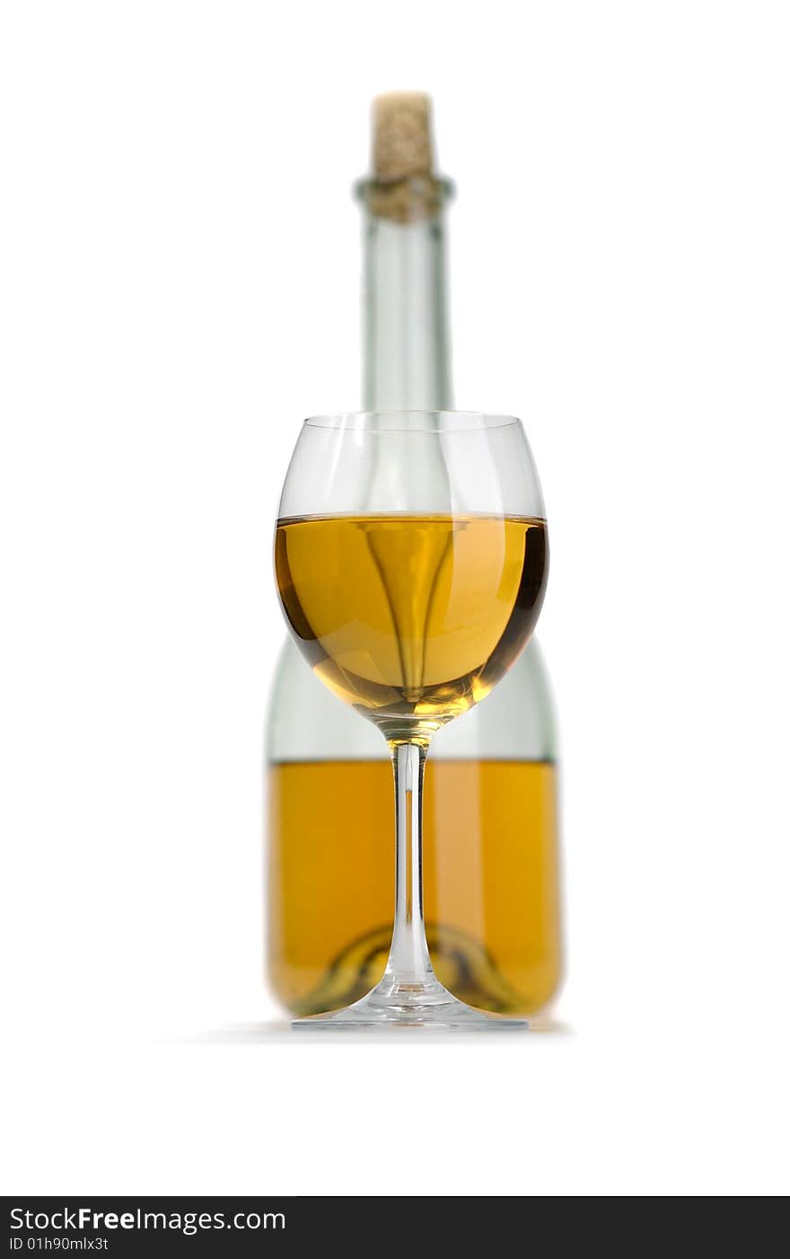 Glass and bottle of excellent white wine on a white background