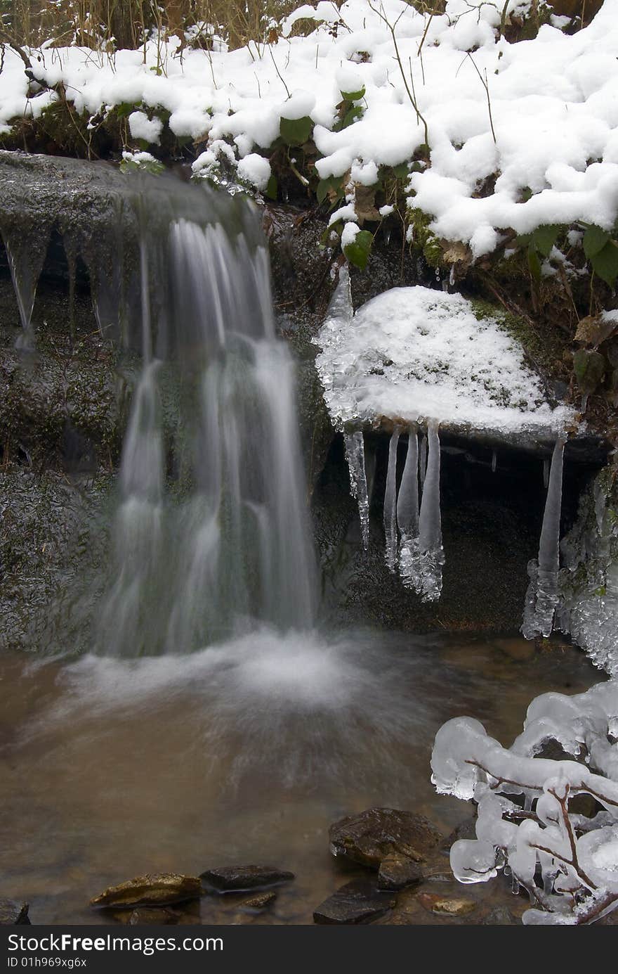 Frozen creek and icicles