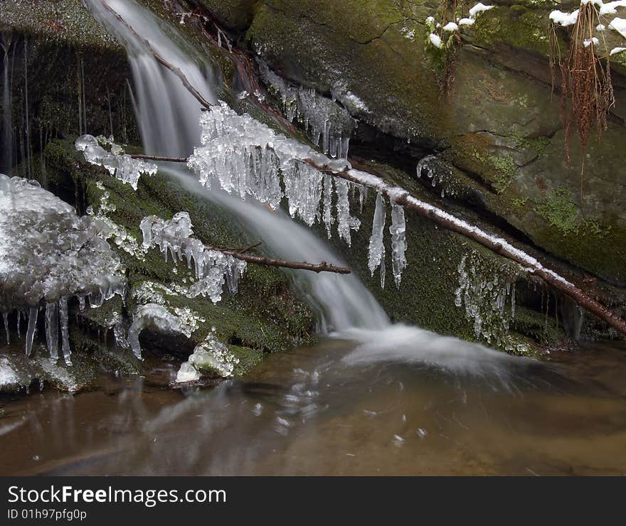 Frozen creek and icicles