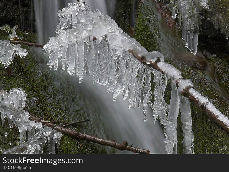 Frozen creek and icicles