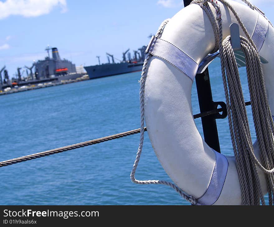 Lifesaver on submarine deck at Pearl Harbor, Hawaii, USA