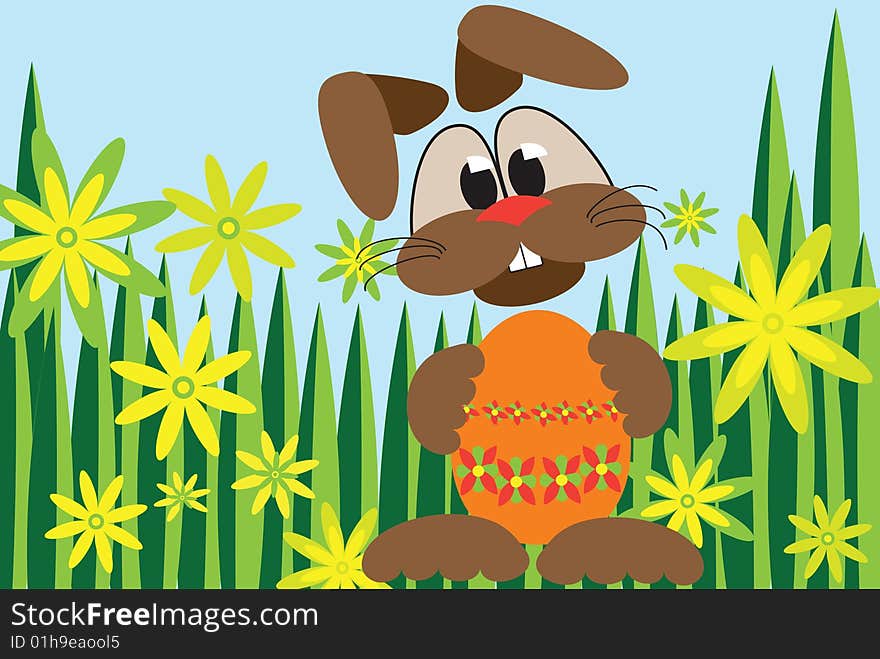 Easter bunny hidden in grass and flowers holding orange easter egg