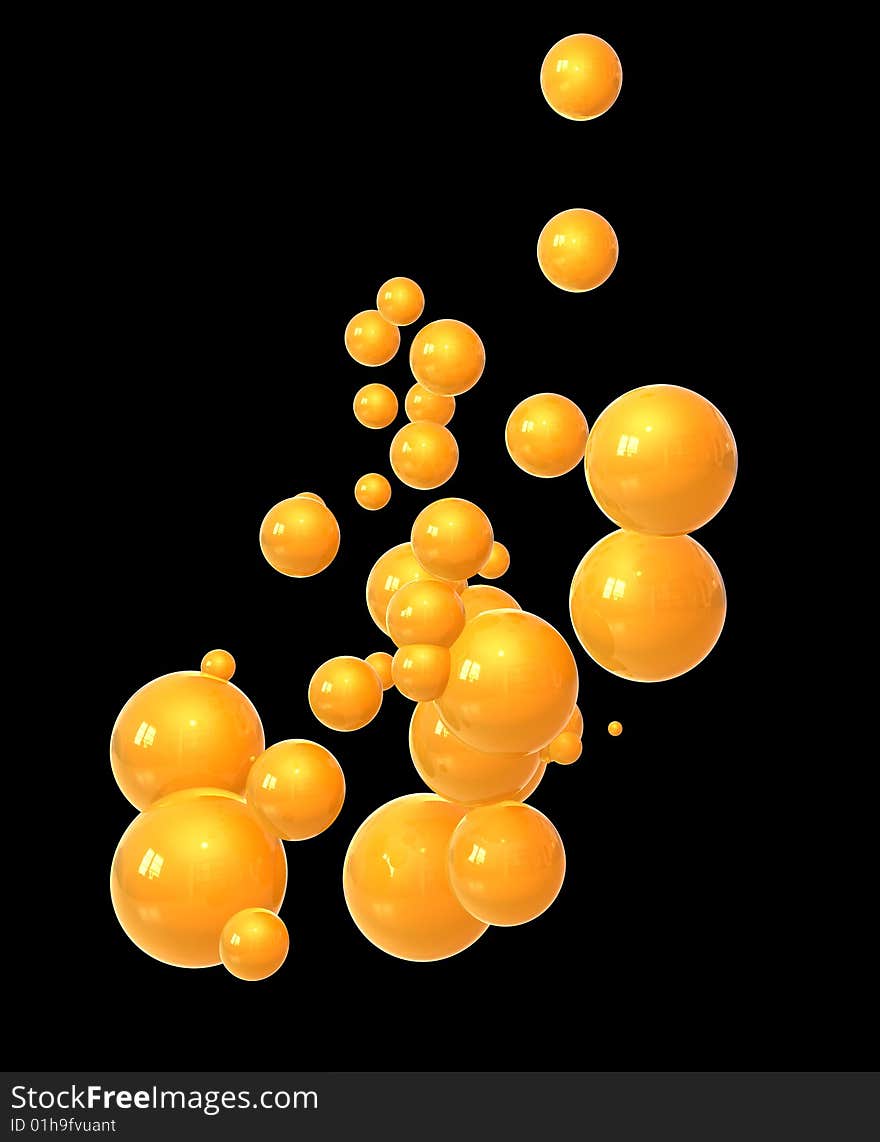 An emitter of random orange glossy reflective spheres Bubbles Like on a black background for the ease of cropping. An emitter of random orange glossy reflective spheres Bubbles Like on a black background for the ease of cropping.