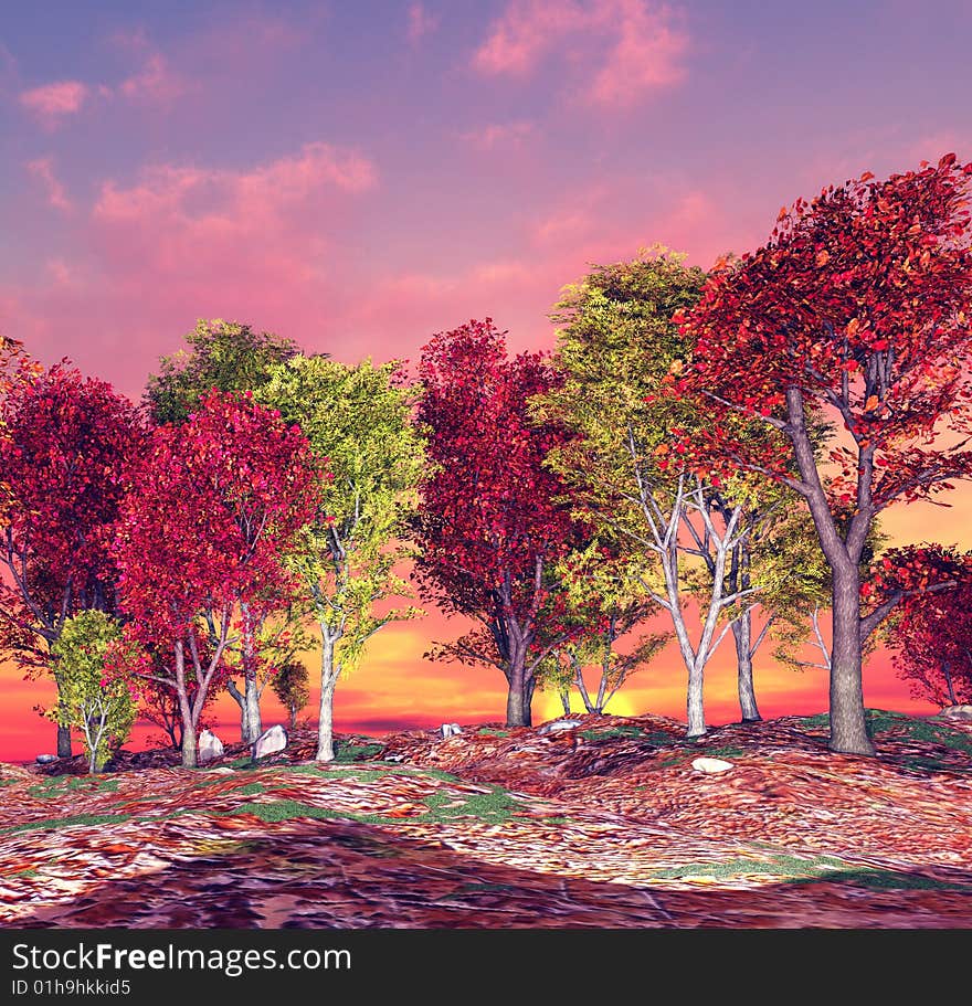 Autumn landscape with trees in the sunset