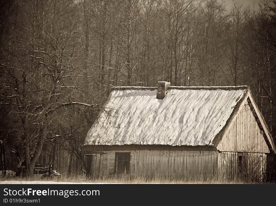 Old hause near big wild forest in winter. Old hause near big wild forest in winter