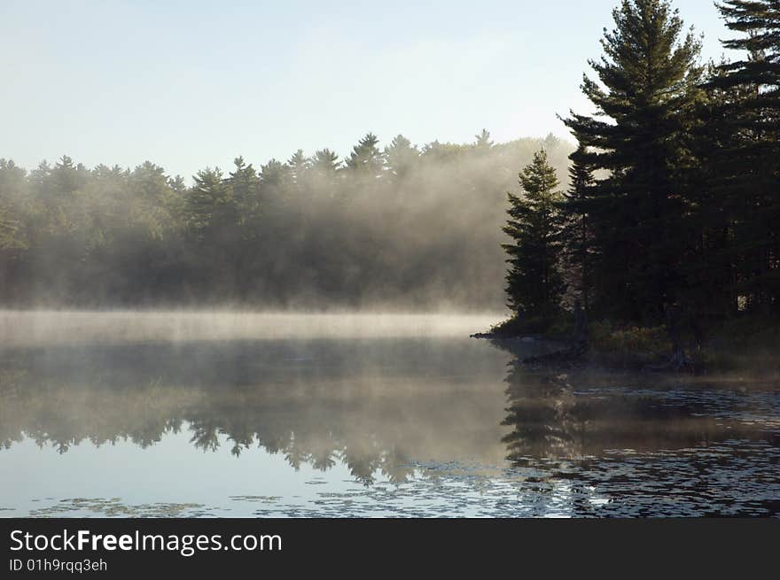 Fog above forest lake in Killarney Park in the morning