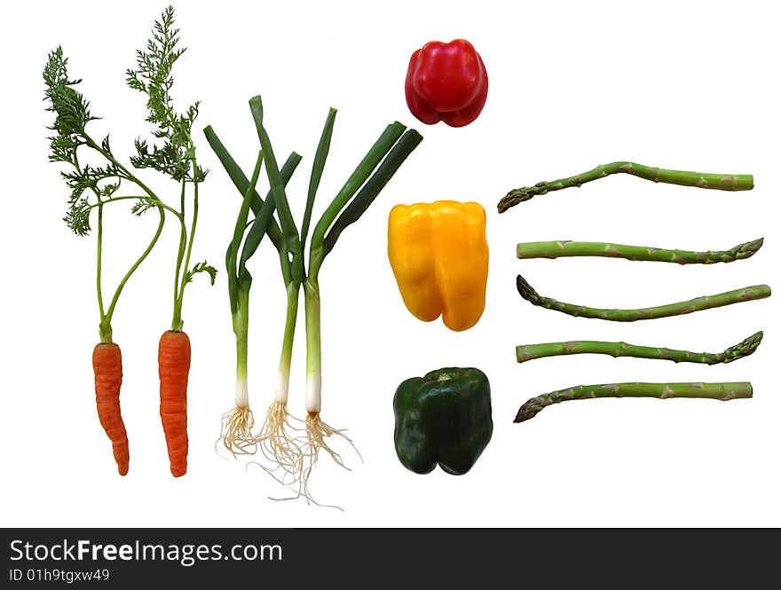 Organic carrots, chives, peppers and asparagus fresh from the garden. Organic carrots, chives, peppers and asparagus fresh from the garden