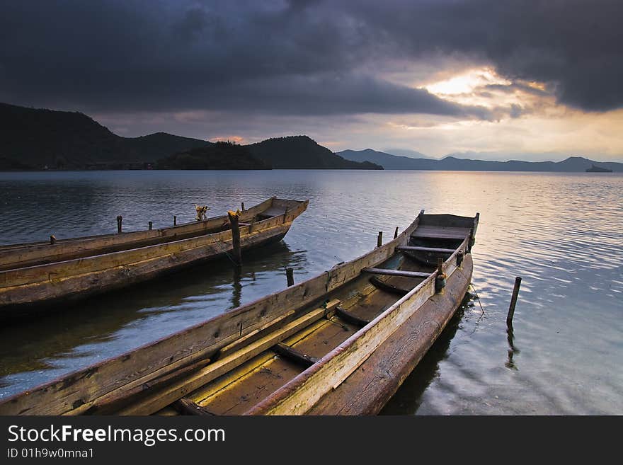 Two boats stop to depend in the near the bank, scenery very beauty